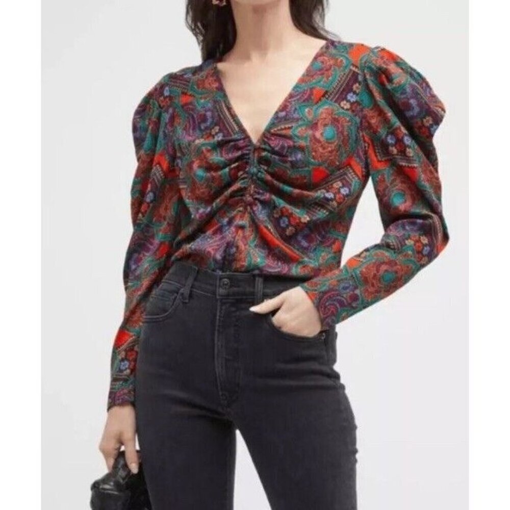 Veronica Beard Sz 4 Blouse V-neck Floral Paisley Boho Designer Office Retro New